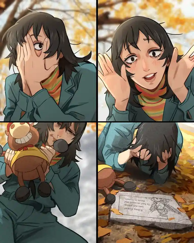A four-panel anime-style comic shows a young woman with dark hair and a striped shirt reacting to a plush toy horse. She…