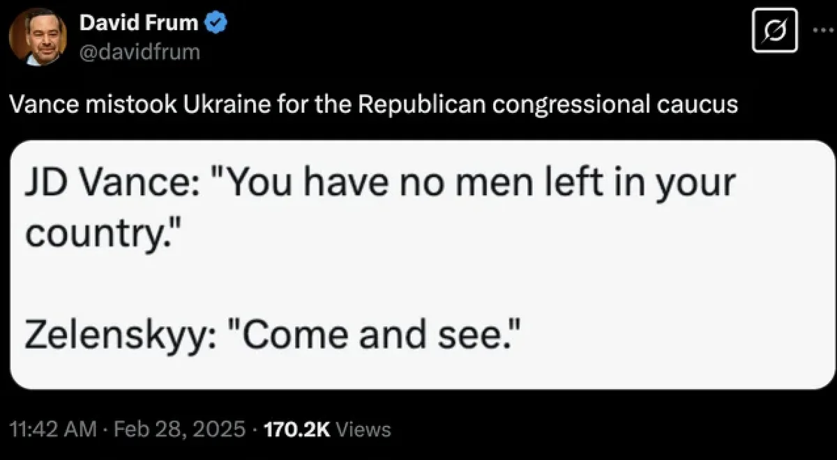 A screenshot of a tweet by David Frum showing a quote attributed to JD Vance saying 'You have no men left in your country'…