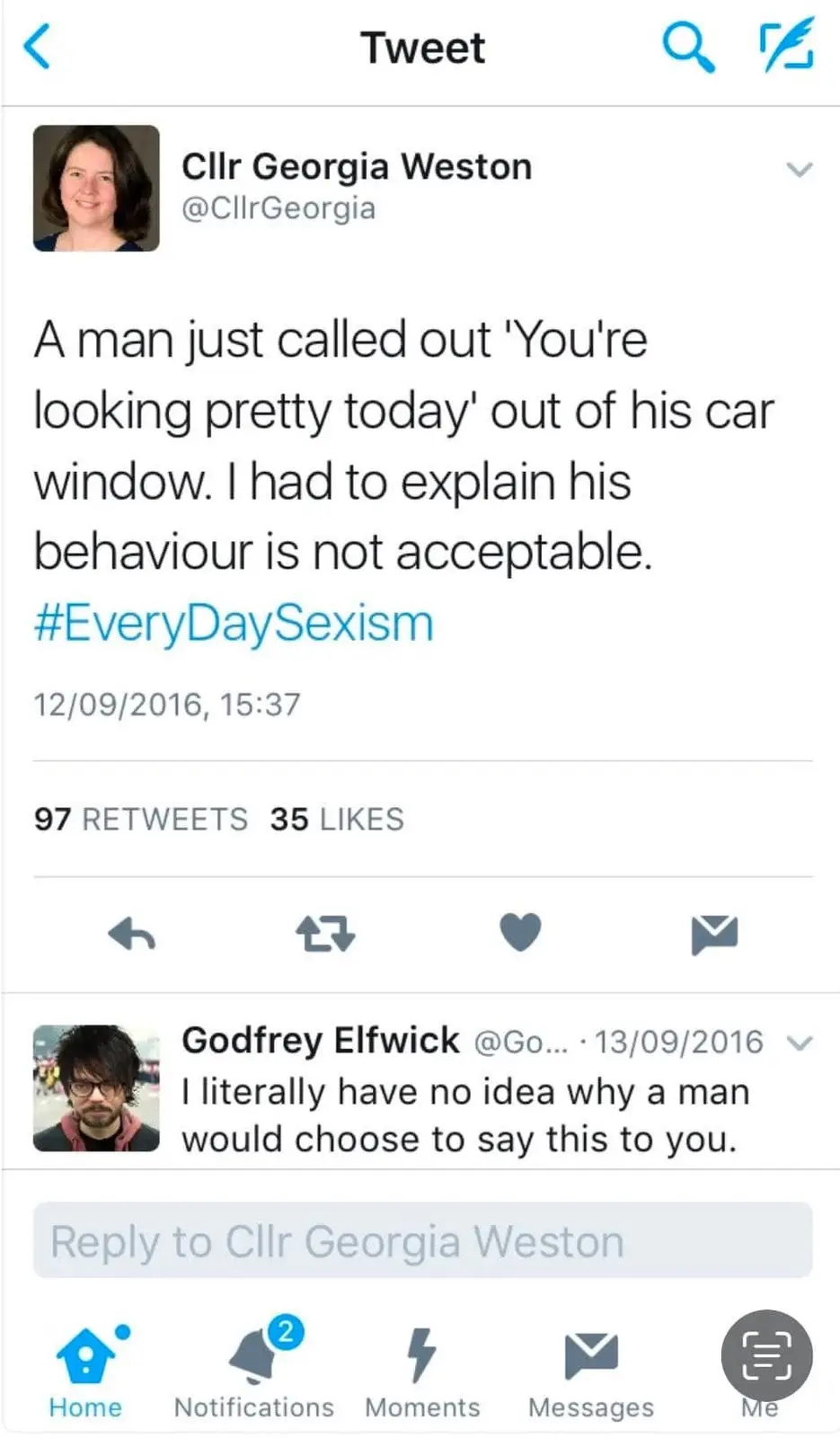 A screenshot of a Twitter thread shows Cllr Georgia Weston's tweet from 2016 about a man complimenting her from his car…