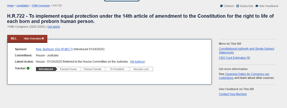 A screenshot of a U.S. Congress.gov webpage showing bill H.R.722, which proposes to implement equal protection under the…