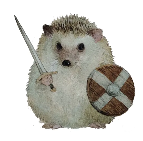 A watercolor-style illustration of a small, fluffy hedgehog holding a sword in one paw and a round wooden shield with a…