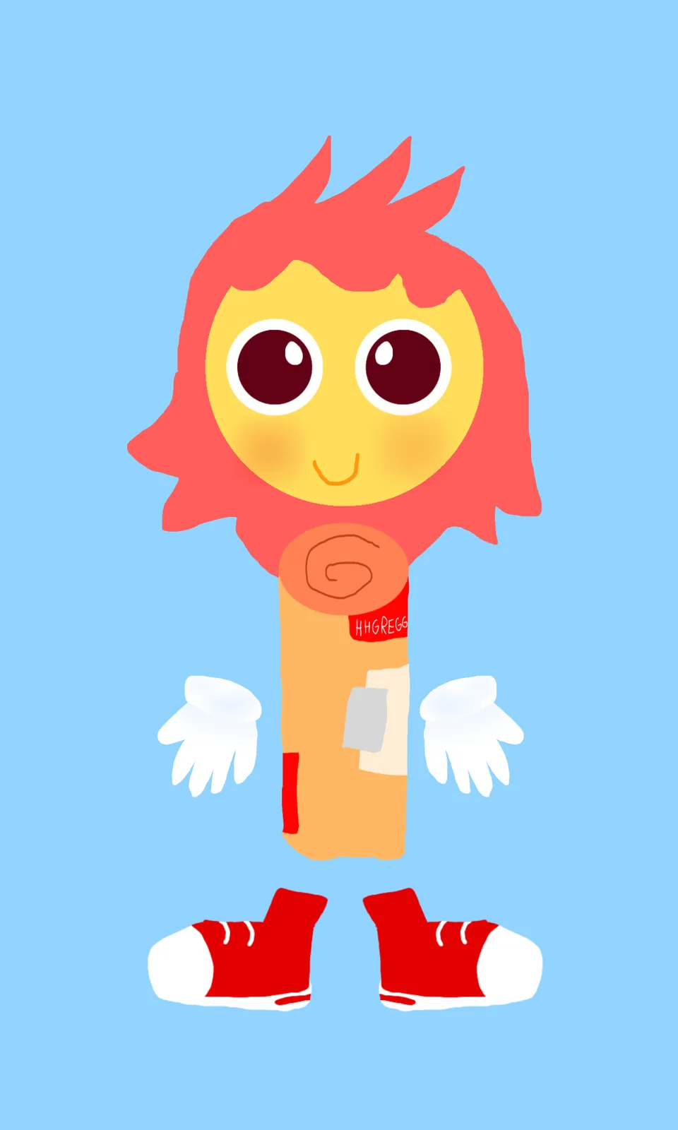 A cartoon character with red spiky hair, a yellow face, and a smiling expression, has a cylindrical orange body resembling a…