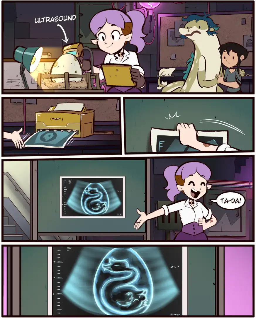A comic strip shows a scientist performing an ultrasound on an egg, revealing a dragon fetus inside. The scientist excitedly…