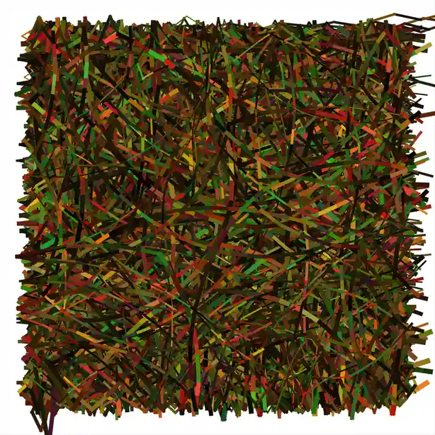 The image shows a dense, chaotic tangle of multicolored, jagged lines resembling a messy pile of shredded paper or tangled…
