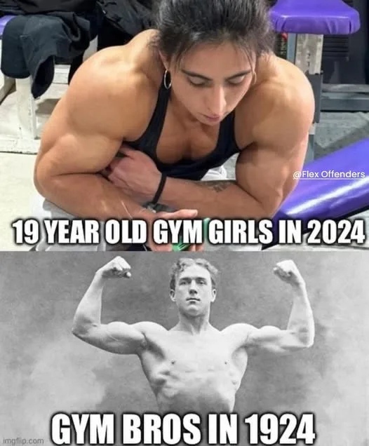 The top panel shows a young woman with highly muscular arms and shoulders, wearing a black tank top, leaning forward in a…