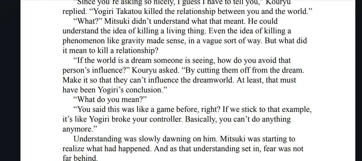 The image displays a block of text from a fictional narrative, likely from a video game or anime, where characters discuss…