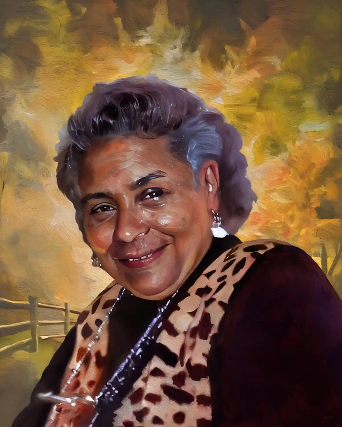 A stylized portrait of an elderly Black woman with short gray hair, smiling warmly while wearing a leopard-print scarf and…