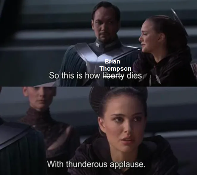 The image is a two-panel meme from the movie 'Star Wars: The Force Awakens'. The top panel shows a man and a woman looking…