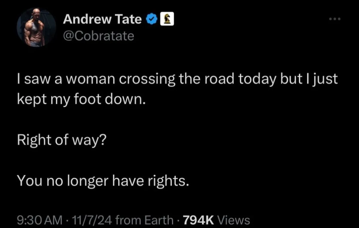 A screenshot of a tweet from Andrew Tate's verified Twitter account showing his text: 'I saw a woman crossing the road today…