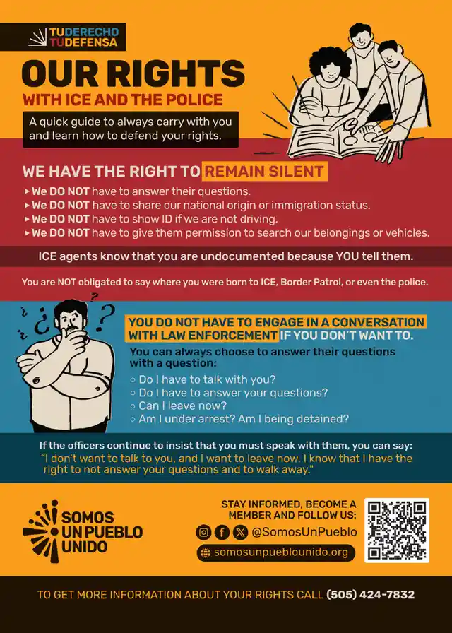 An infographic titled 'OUR RIGHTS WITH ICE AND THE POLICE' from 'TUDERECHO TUDEFENSA' and 'SOMOS UN PUEBLO UNIDO' outlines…
