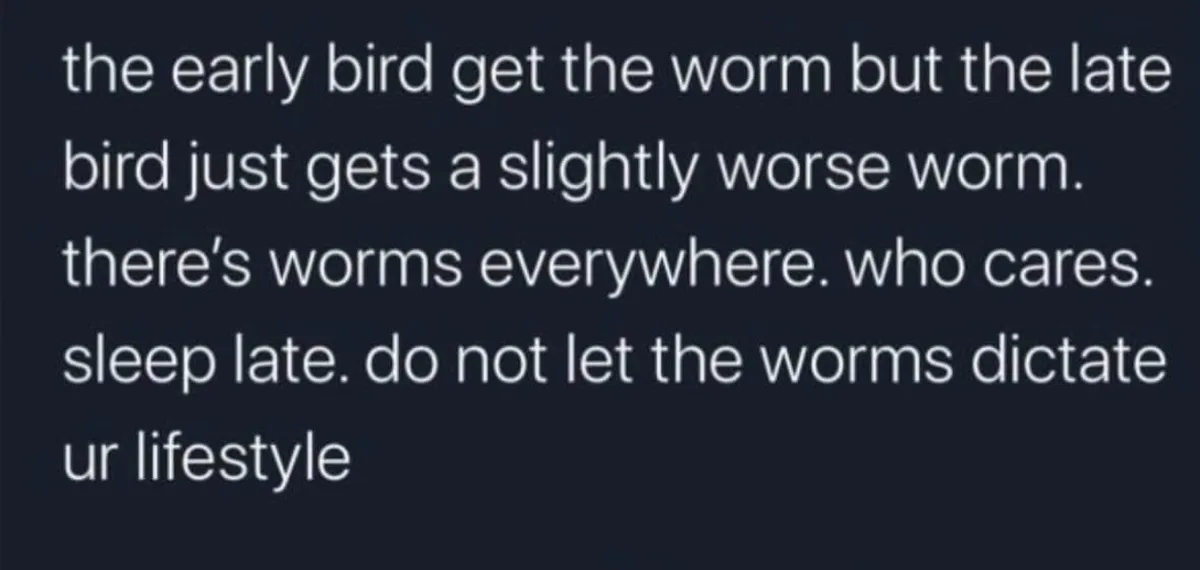 The image displays white text on a dark background, humorously reinterpreting the idiom 'the early bird gets the worm' by…