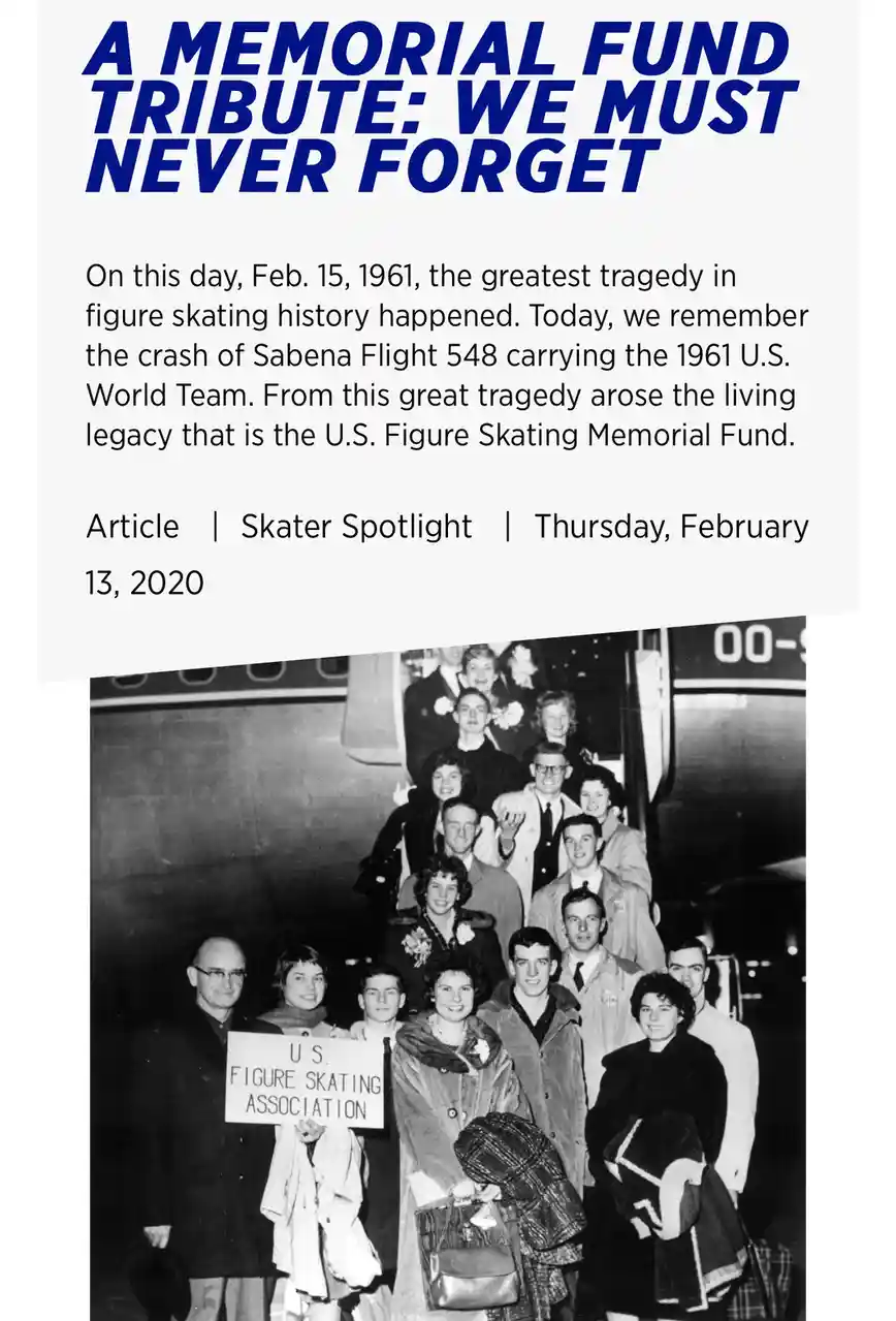 A black-and-white photo shows a group of people, likely the 1961 U.S. Figure Skating World Team, posing happily in front of…