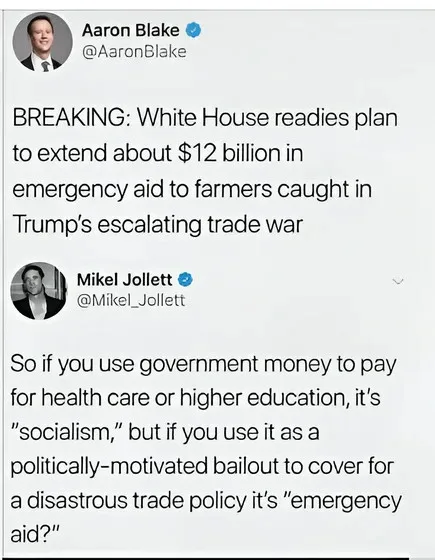 A screenshot of two Twitter posts. The first, from Aaron Blake, announces a $12 billion emergency aid plan for farmers…