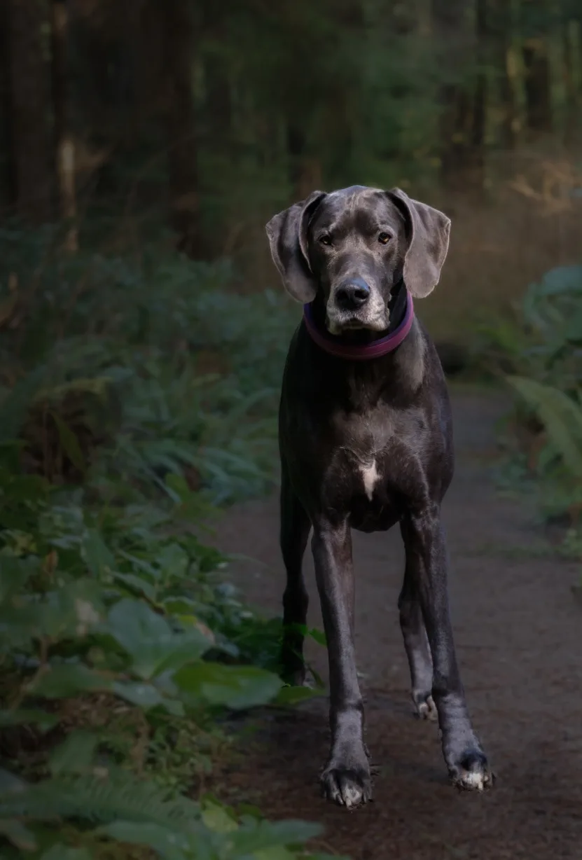 A large, sleek grey Weimaraner dog stands on a forest trail, looking directly at the camera with a serious expression…