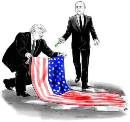A political cartoon depicts Donald Trump kneeling and holding a tattered American flag while Vladimir Putin stands behind…