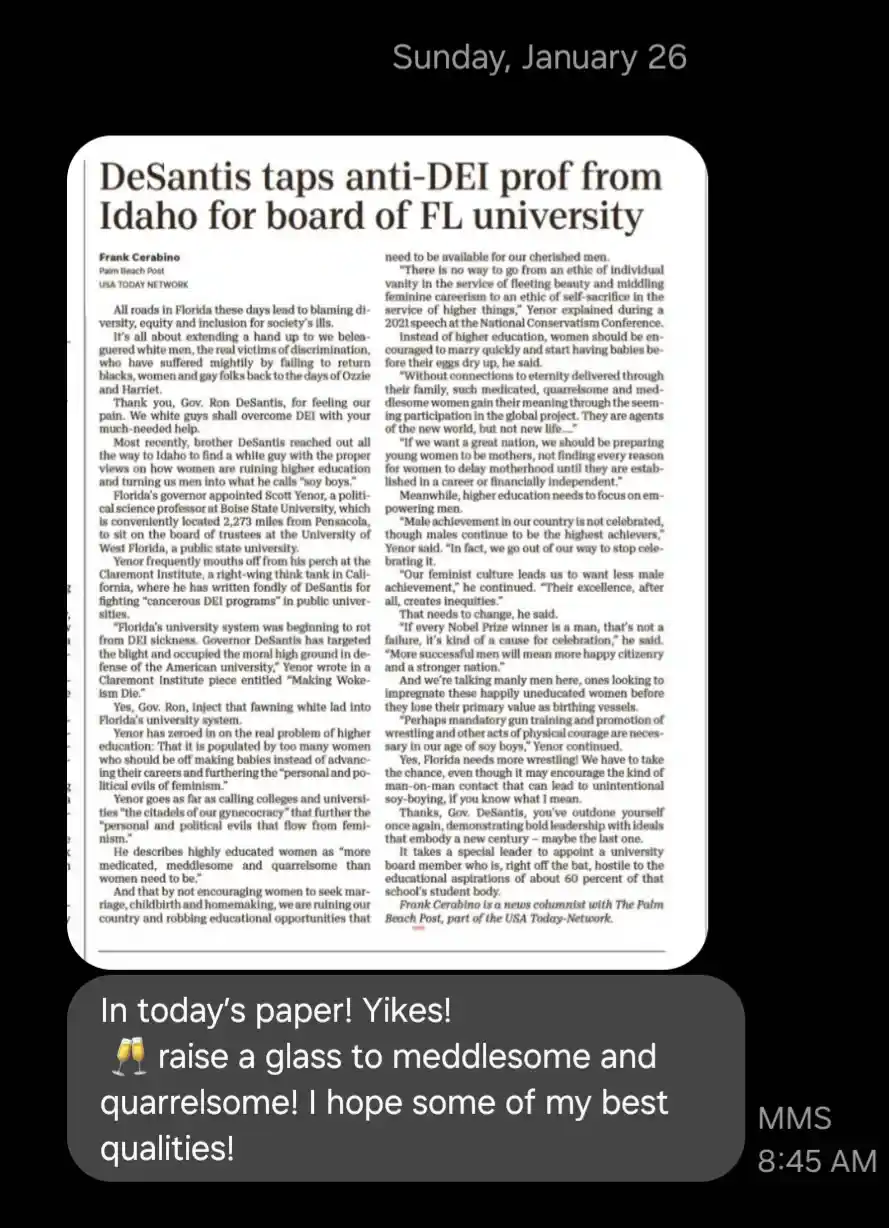 A screenshot of a newspaper article titled 'DeSantis taps anti-DEI prof from Idaho for board of FL university' is overlaid…