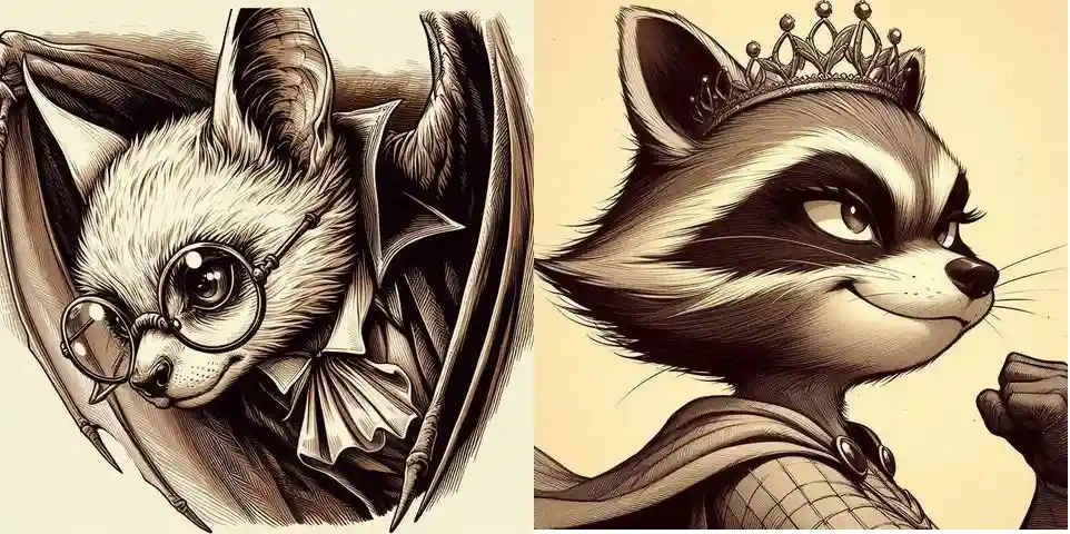 The image displays two side-by-side illustrations of anthropomorphic animals in sepia tones. On the left, a bat wears round…