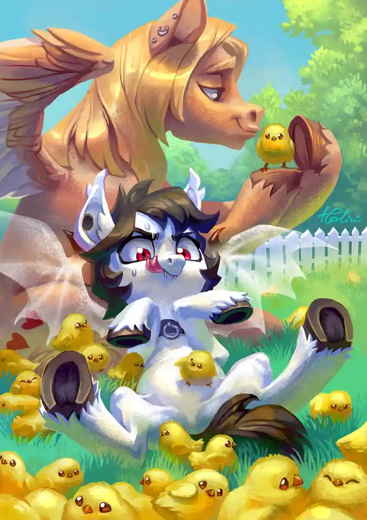 A white, horned, blue-eyed pony with a distressed expression and tears is surrounded by numerous yellow chicks in a grassy…