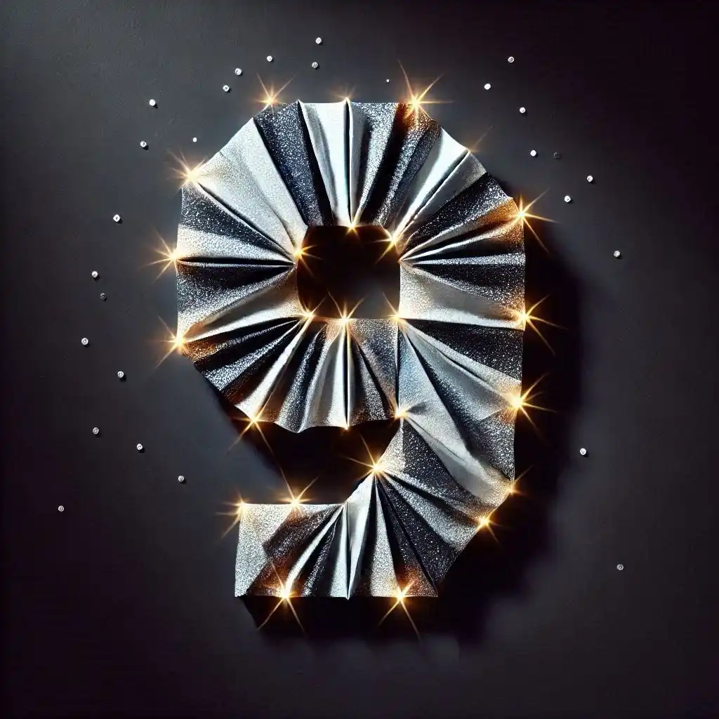 A large, stylized number nine made of glittery, folded silver material with golden sparkles and light flares, set against a…