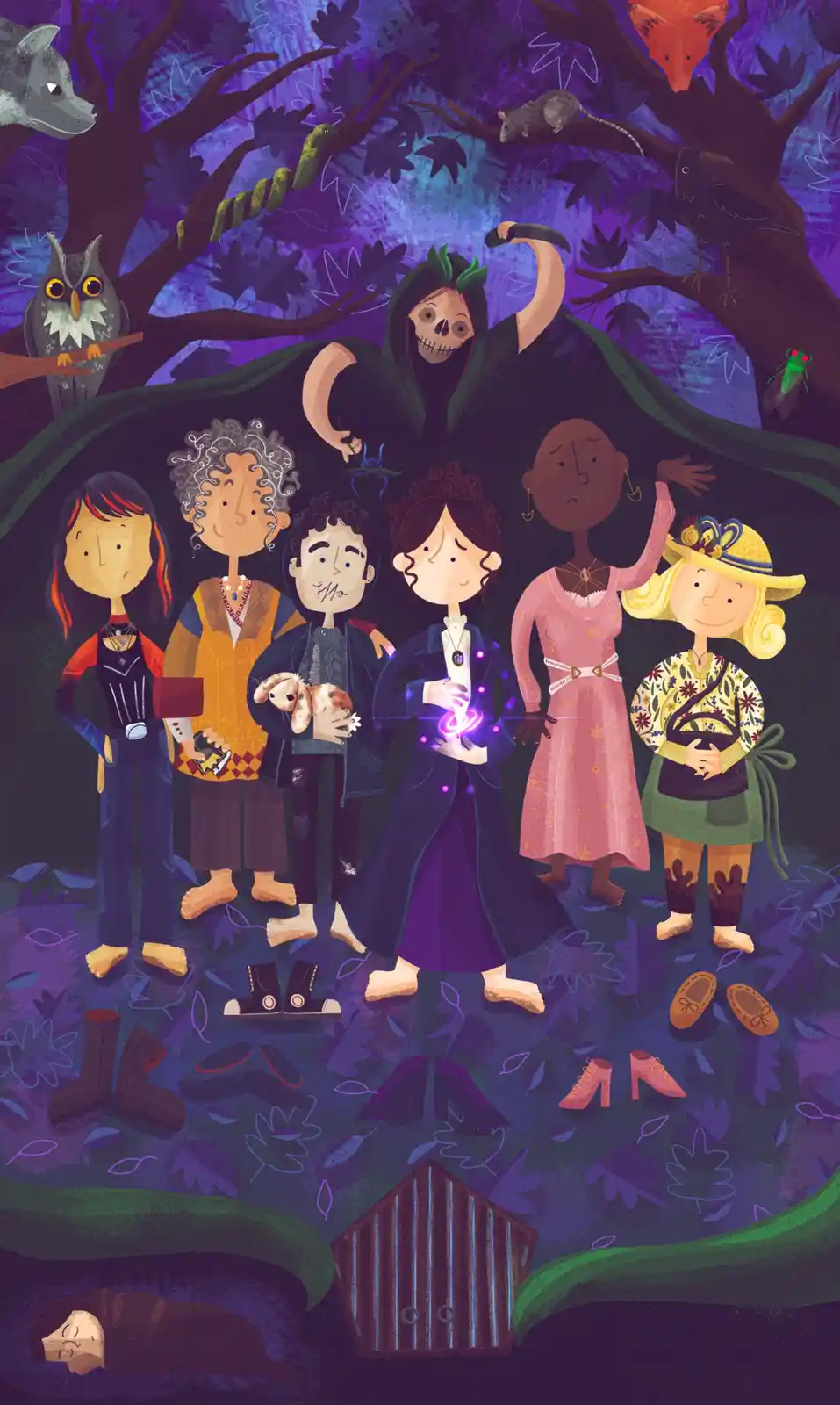 A colorful illustration depicts a group of six diverse people standing barefoot in a dark, purple-hued forest with various…