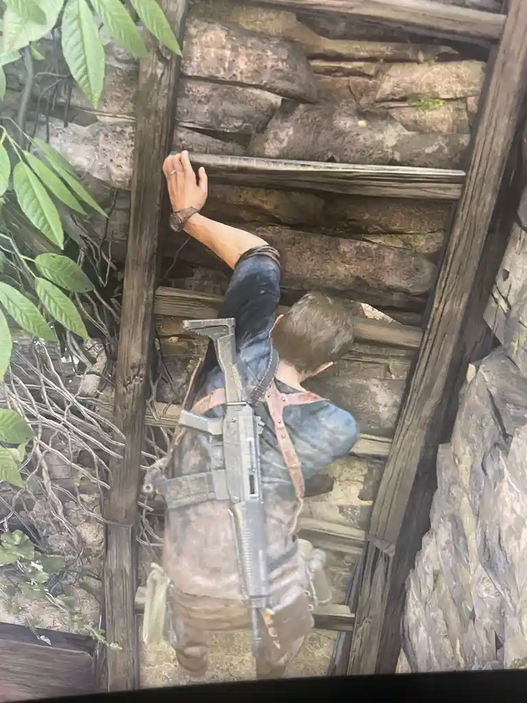 A video game character, seen from behind, is climbing a narrow wooden ladder inside a stone structure surrounded by green…