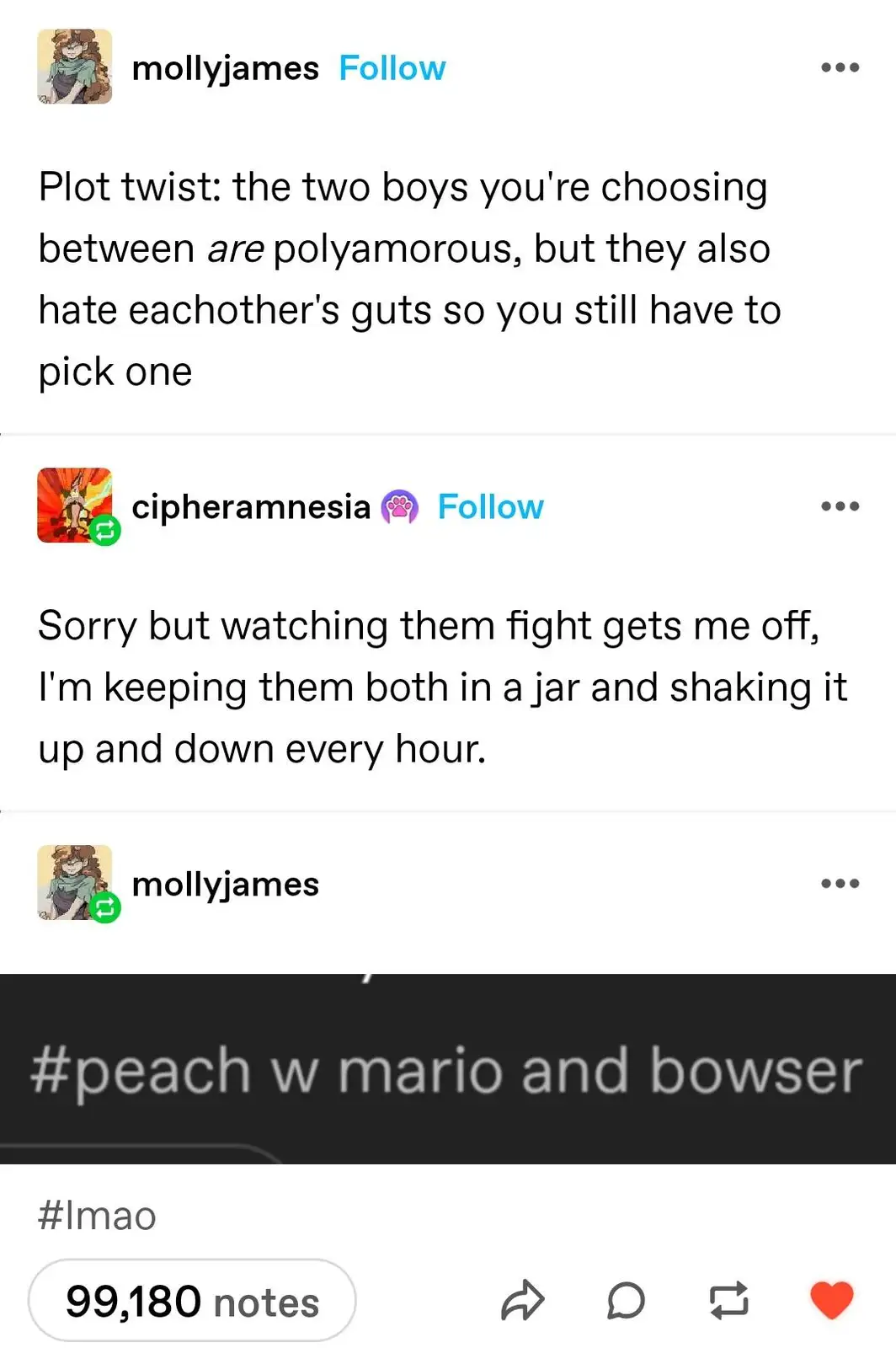 A screenshot of a Tumblr-style social media thread showing a user named 'mollyjames' posting a 'plot twist' about two boys…