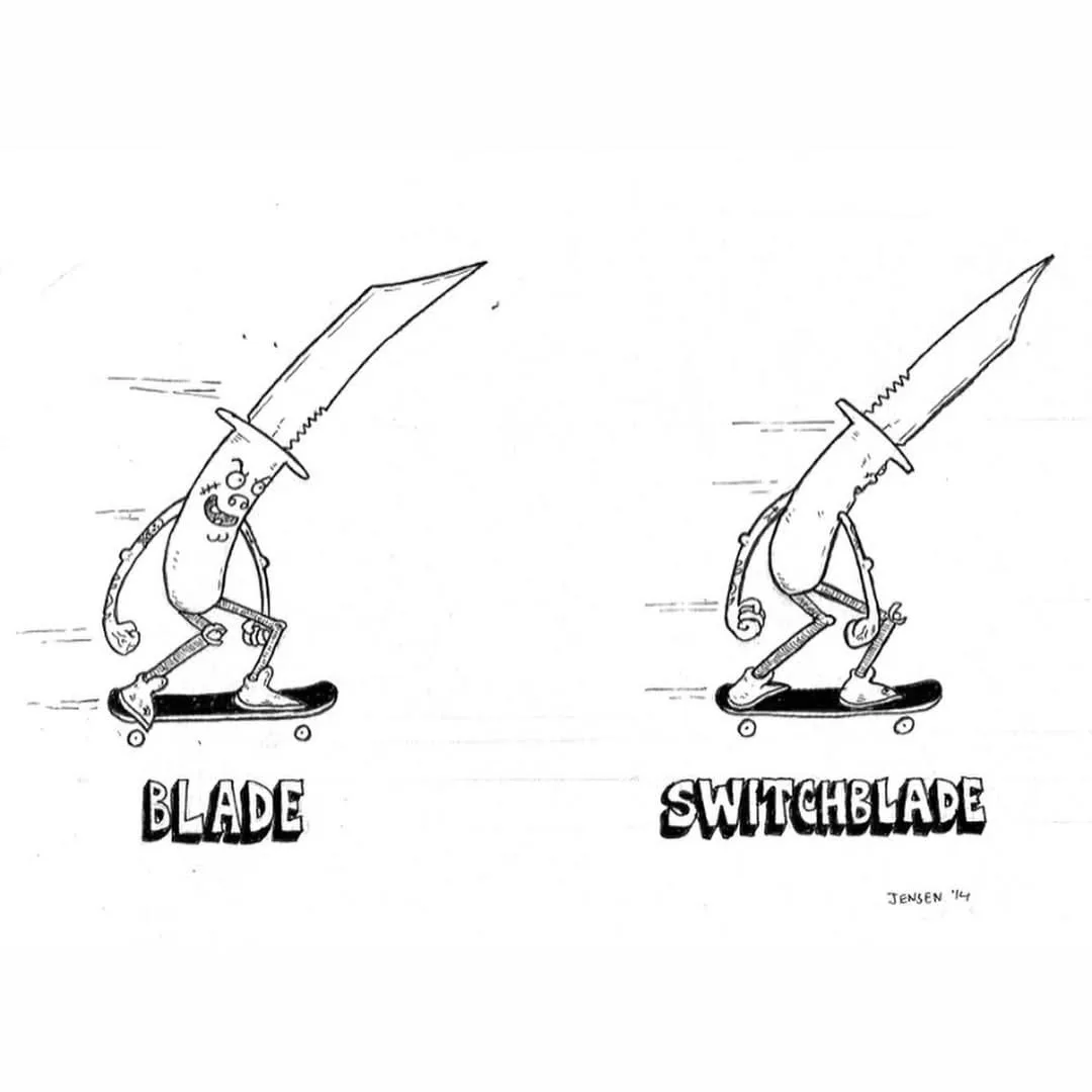 Two cartoon knives with faces and limbs are shown skateboarding side by side. The left knife is labeled 'BLADE' and has a…