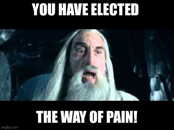 A still image of Gandalf the White from 'The Lord of the Rings' with a shocked, wide-eyed expression. White bold text…