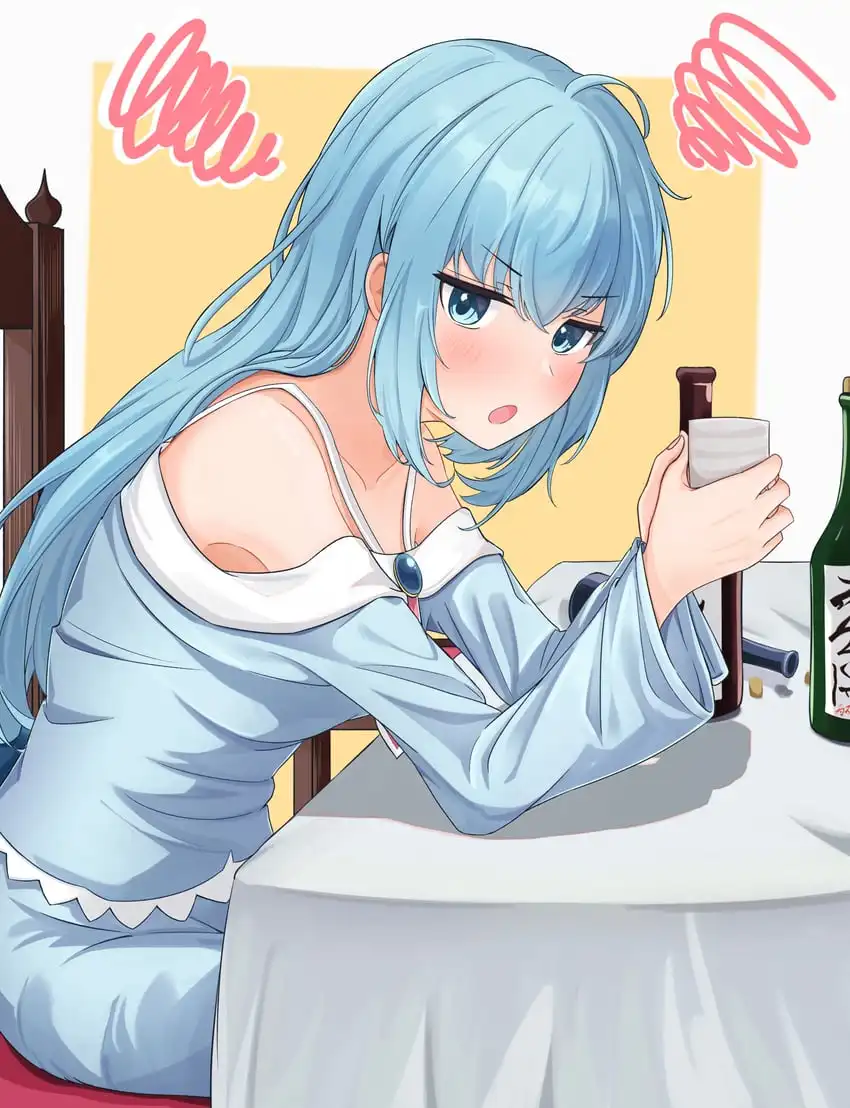 An anime-style illustration of a young woman with long blue hair and blue eyes, wearing a light blue off-the-shoulder dress…