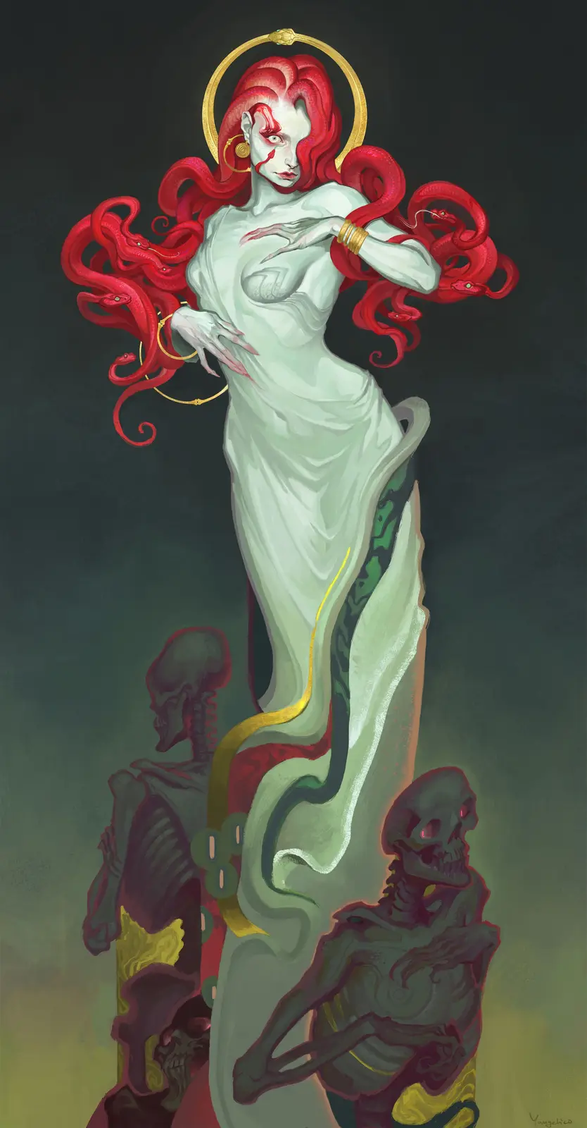 A pale, statuesque woman with flowing red snakes for hair and a golden halo stands atop skeletal figures. She wears a…