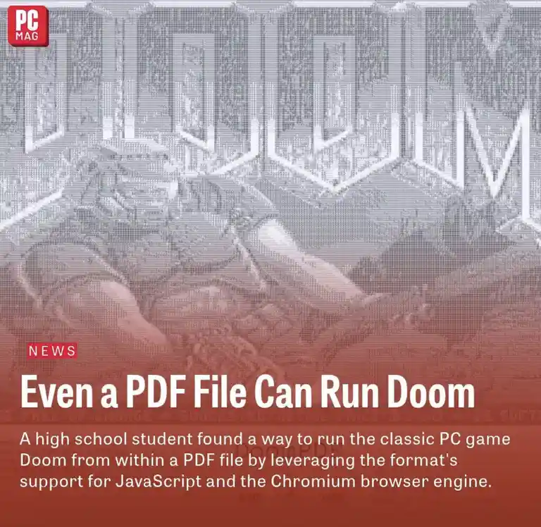 The image displays a pixelated, grayscale screenshot of the classic video game Doom, overlaid with a red news banner from PC…
