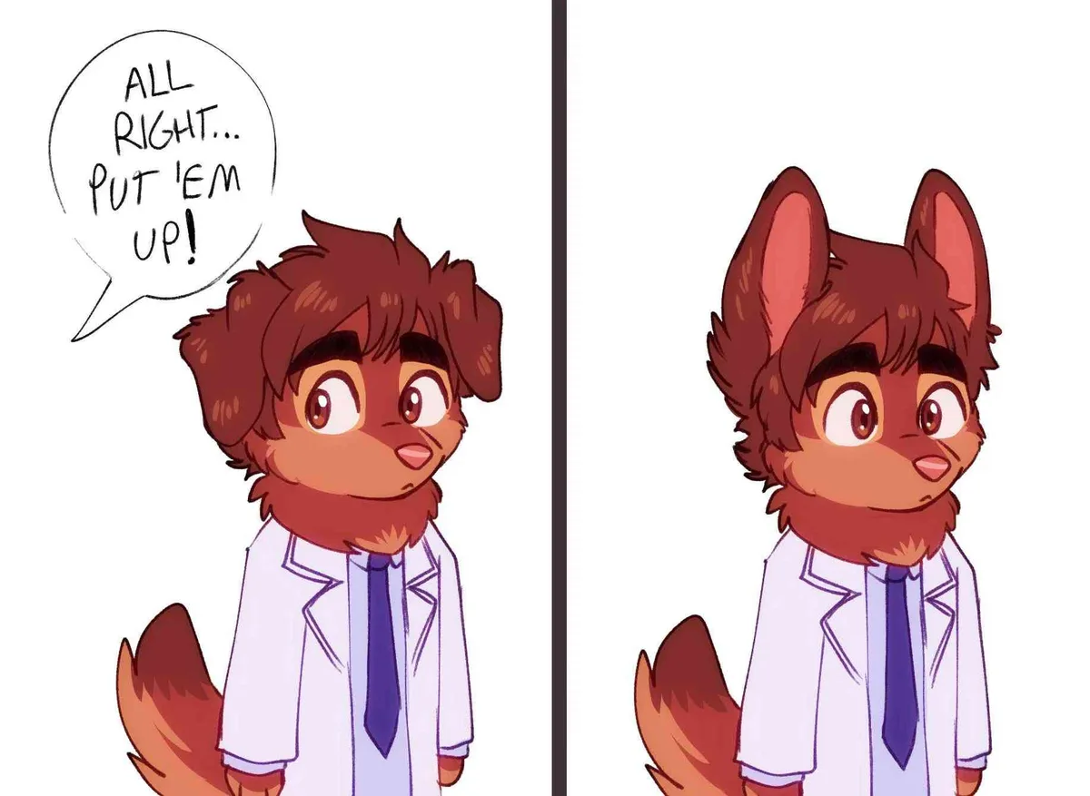 The image shows a split-panel cartoon of a brown-furred anthropomorphic fox wearing a white lab coat and blue tie. In the…