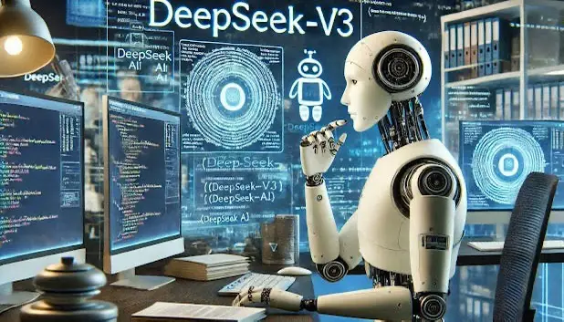 A humanoid robot sits at a desk surrounded by multiple computer monitors displaying code and 'DeepSeek' branding, with a…