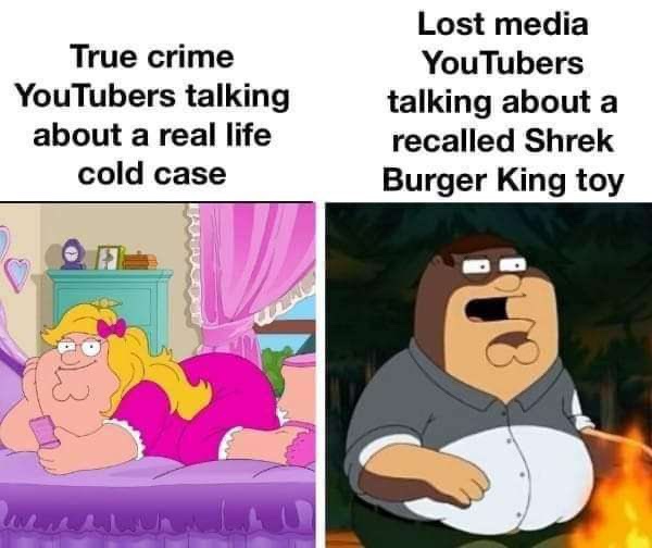 The meme features two panels: left shows a cartoon woman in pink loungewear lying on a bed, holding a phone, with text 'True…