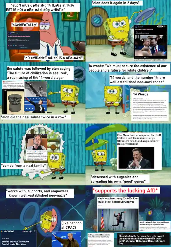 A multi-panel meme using SpongeBob SquarePants as a shocked witness to a series of accusations against Elon Musk, each panel…