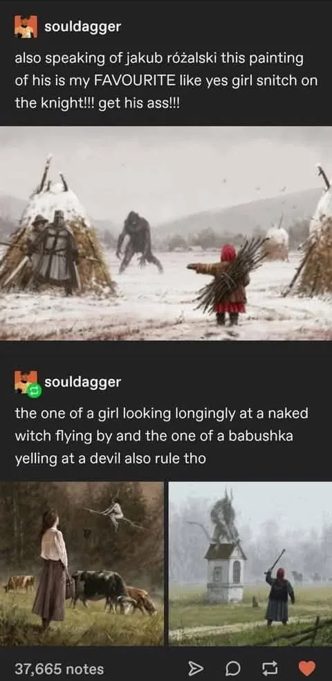 The image displays three separate paintings by Jakub Rózalski. The top painting shows a small child in a red hood pointing…