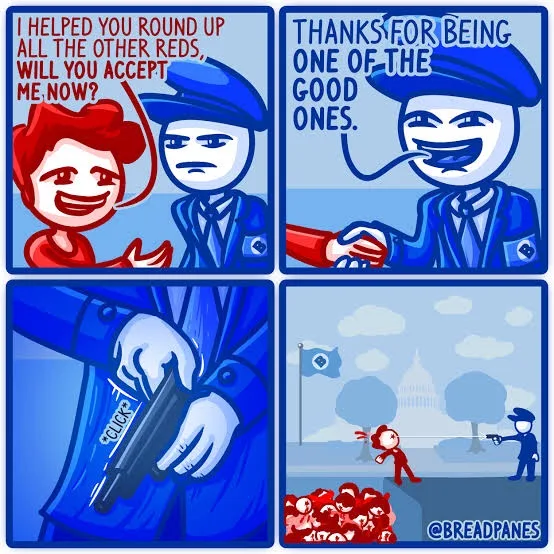 A four-panel comic shows a red-haired person asking a blue-uniformed officer if they can join after helping round up other…