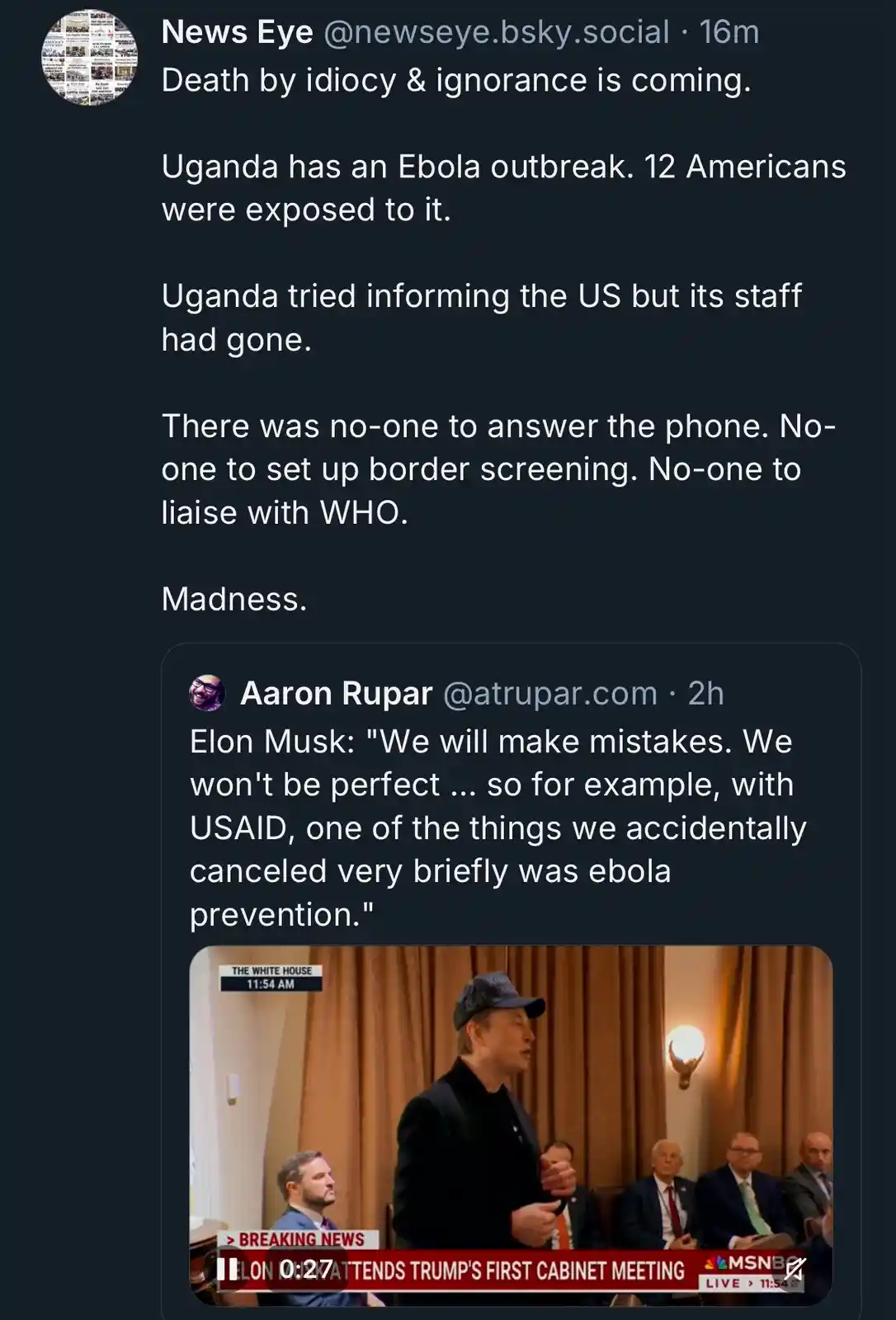 A screenshot of a social media thread where a post about Uganda's Ebola outbreak and failed US response is followed by a…