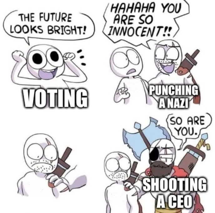 A four-panel comic strip featuring a simple white cartoon character. In the first panel, the character flexes with a speech…