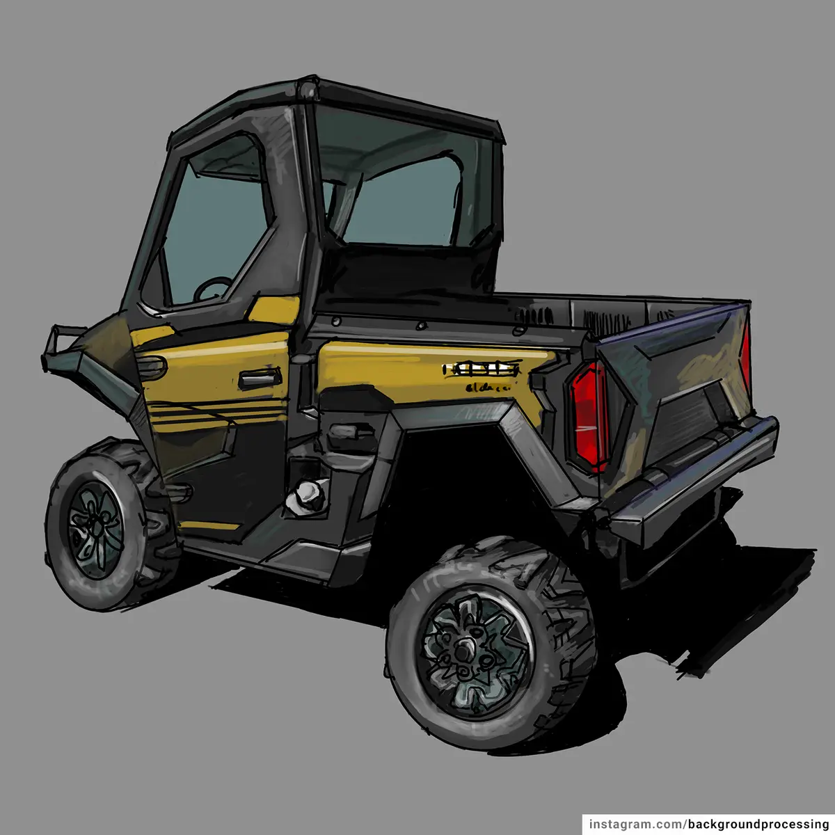 A digital sketch of a yellow and black utility vehicle, resembling a rugged, boxy pickup truck with a cab and open cargo…