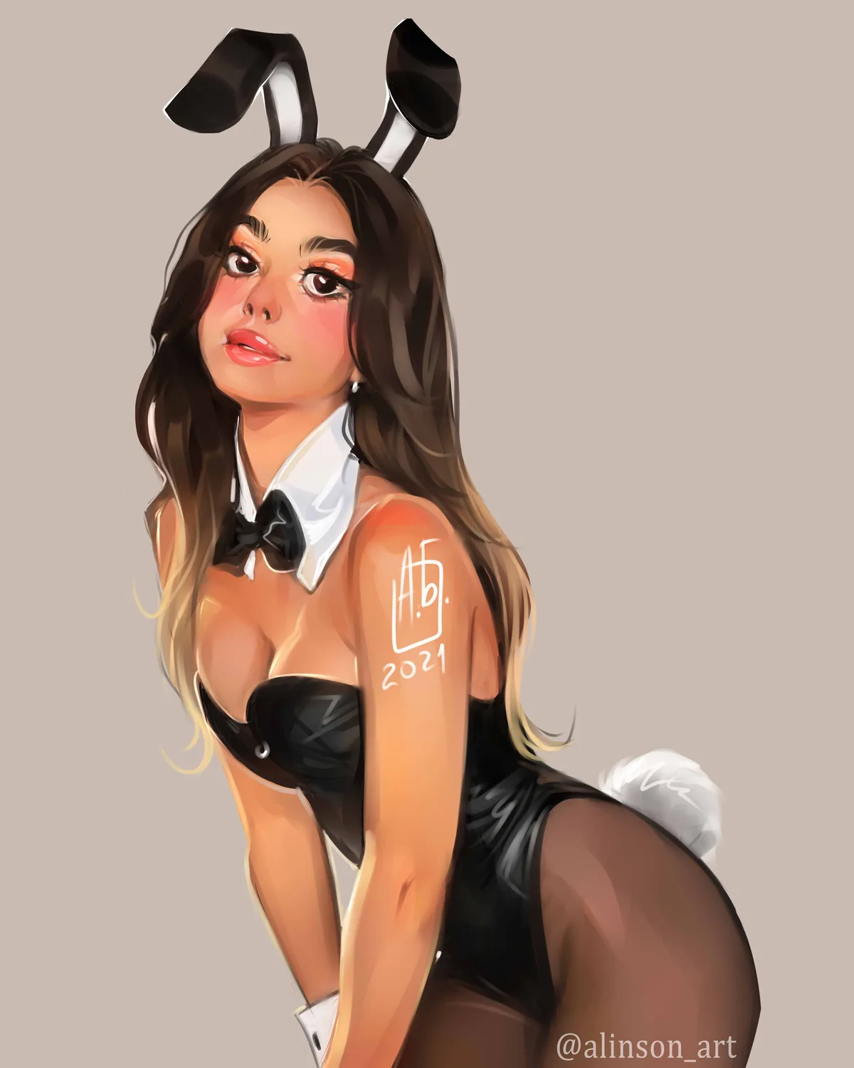 A digital illustration of a woman with long brown hair wearing a black bunny costume with white ears and a fluffy white…