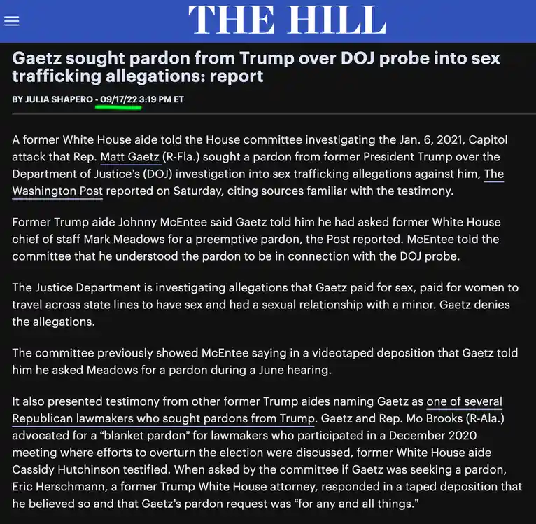 The image displays a screenshot of a news article from 'THE HILL' with the headline 'Gaetz sought pardon from Trump over DOJ…