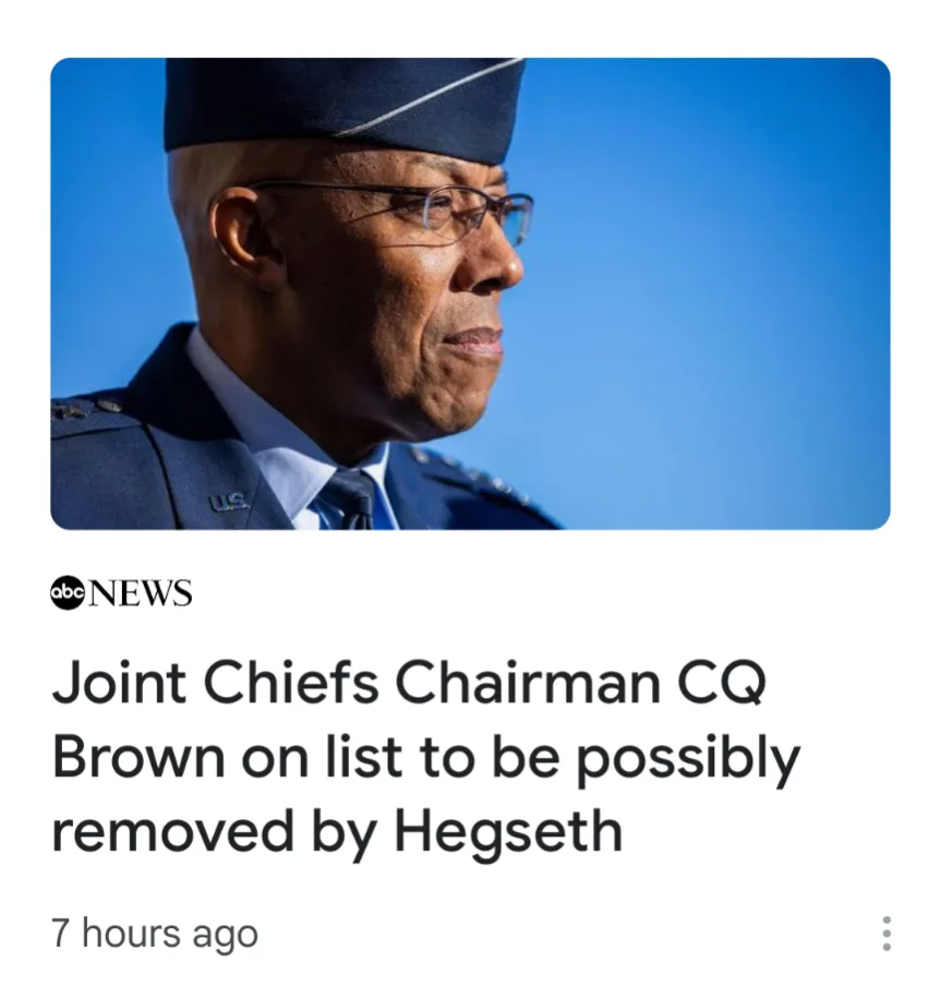 A screenshot of an ABC News article headline showing a photo of Joint Chiefs Chairman CQ Brown in military uniform against a…