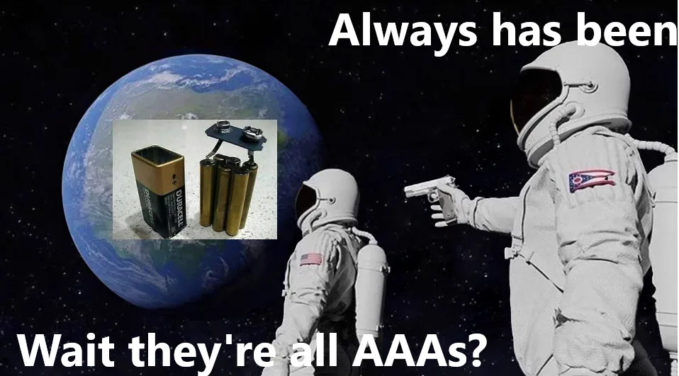 Two astronauts in space, one pointing a gun at the other, with Earth in the background. A picture of a Duracell battery and…