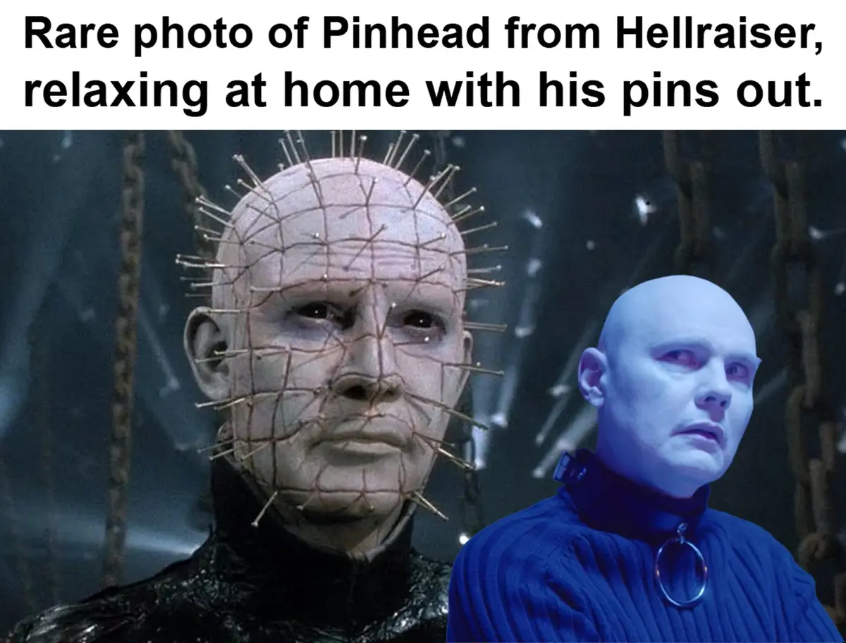 The image shows two characters from the Hellraiser franchise: Pinhead, identifiable by his head covered in pins and ropes…
