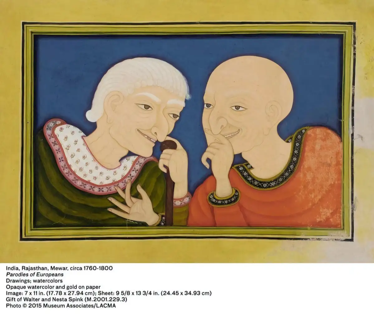 This image is a historical Indian miniature painting from Rajasthan, circa 1760-1800, depicting two elderly men in…