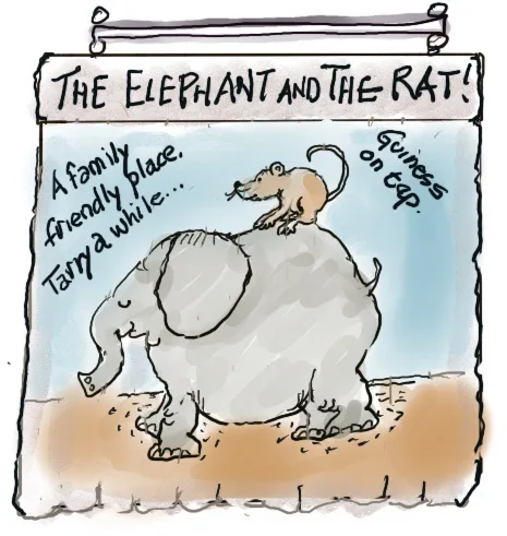A cartoon drawing shows a small rat perched atop the back of a large elephant, both standing on sandy ground under a light…
