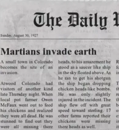 A newspaper clipping from 'The Daily' dated August 30, 1927, reports on a supposed Martian invasion in Colorado where aliens…