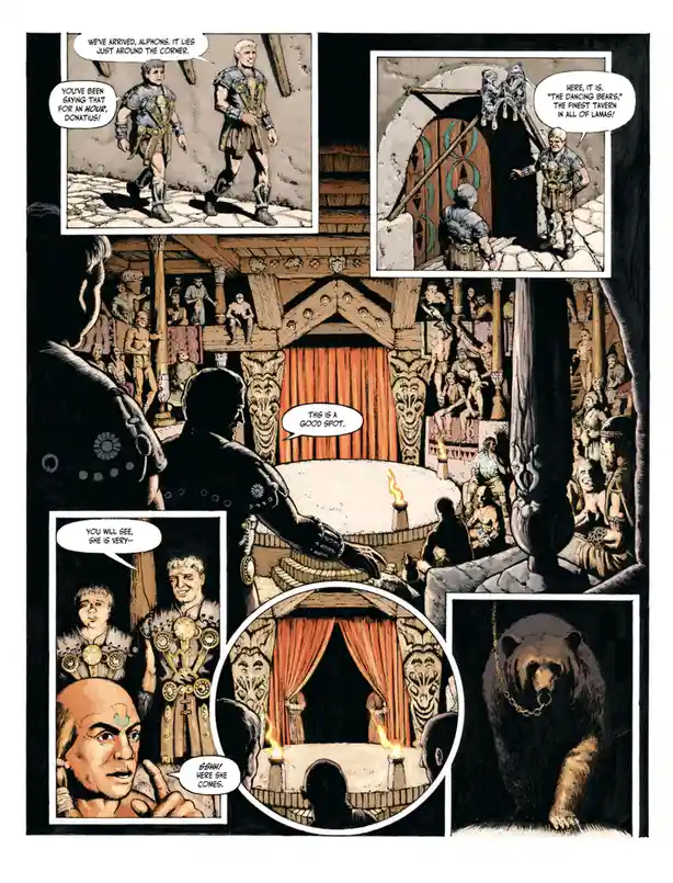 A comic page from 'The Barbarian and the Troll' shows two armored men arriving at a tavern called 'The Dancing Bears.' One…