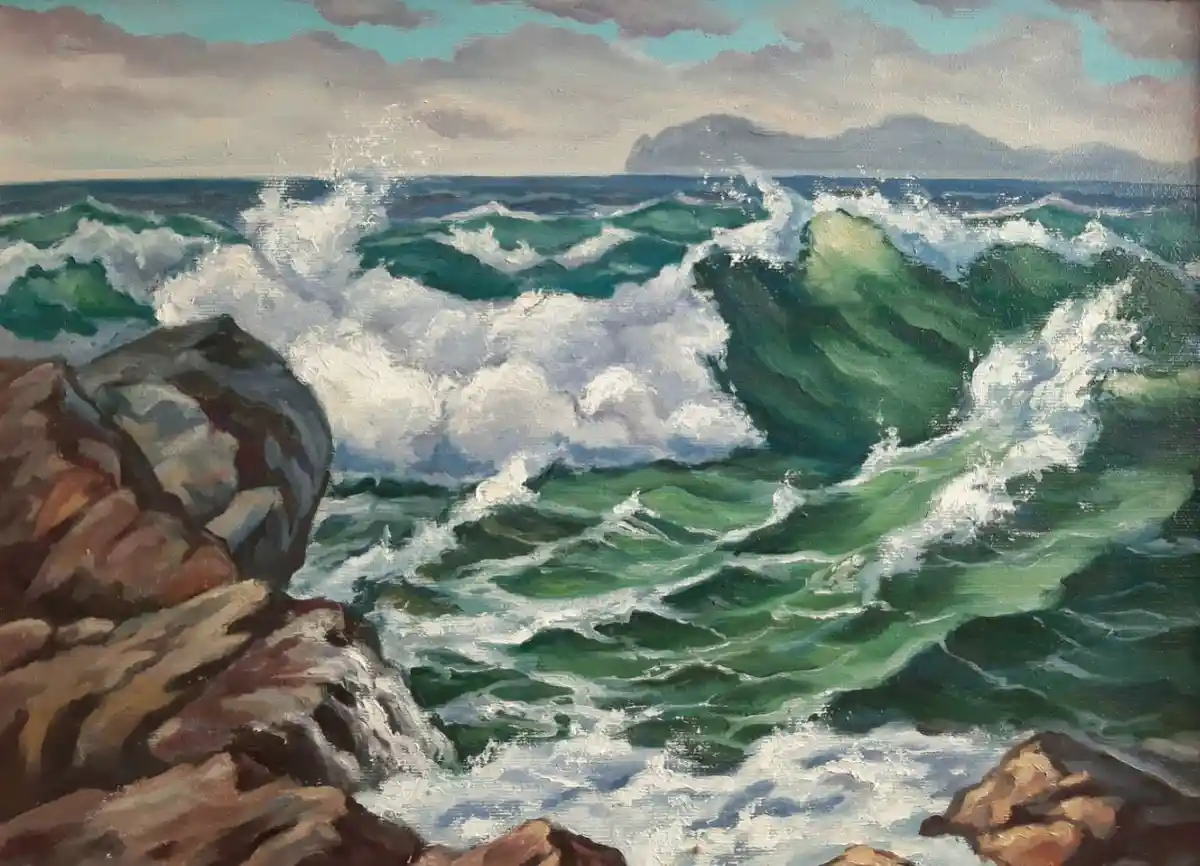 A painting of turbulent green ocean waves crashing against dark rocks under a cloudy sky, with the overlaid text 'i'm not…